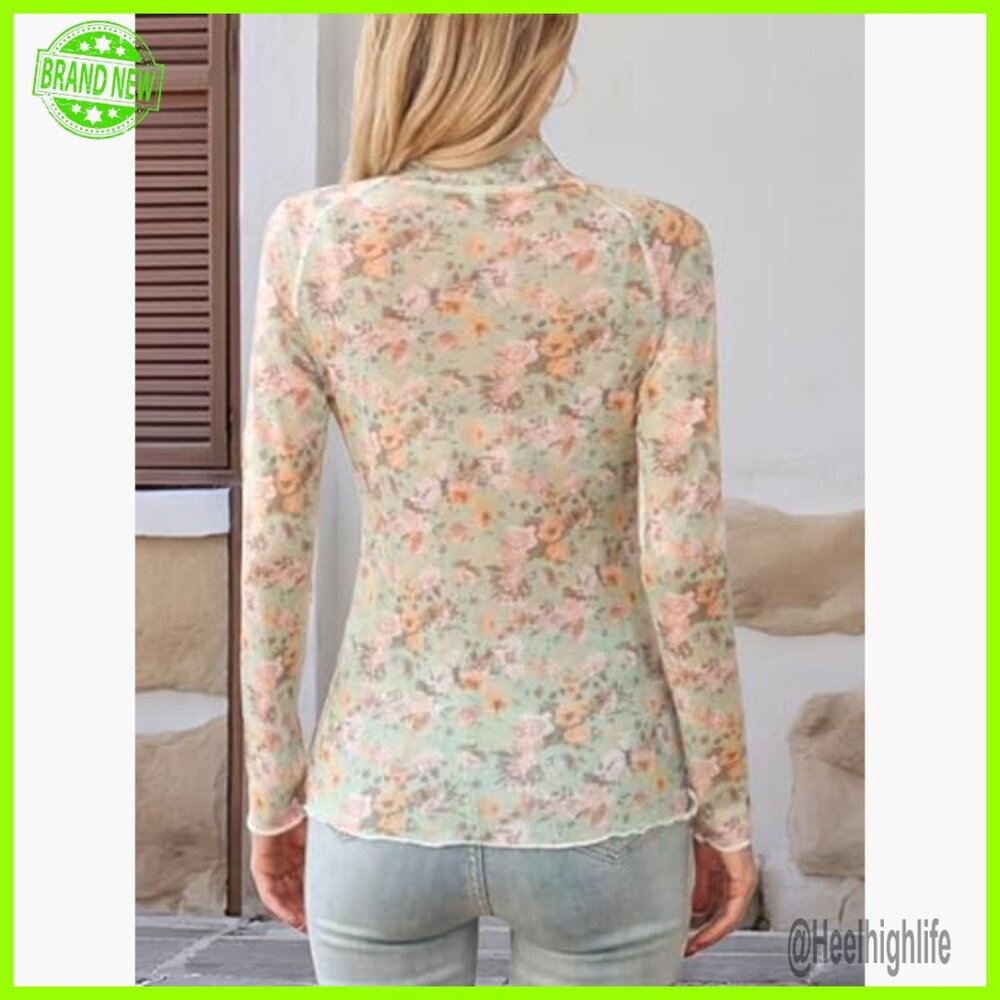 Floral Lace Mesh Long Sleeve Top, Slim Fit Sheer Mock Neck Shirt - Picture 5 of 6